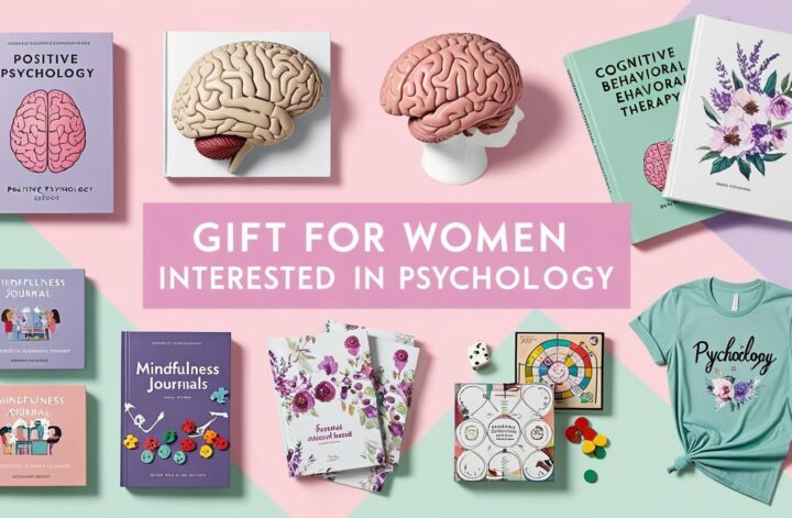 a dynamic page with items for a psychologist like books, brain anatomy model, mindfulness journals, board games, psychology Tshirt. Bold overlay text "Gift for women intrested in psychology". Use light femine colors.