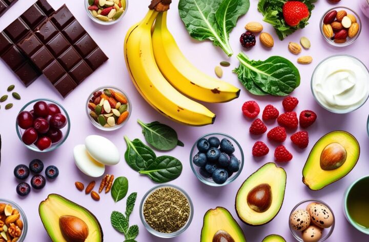 dak-chocolate-fatty-fish-bananas-leafy-greens-yogurt-berries-nuts-and-seeds-avocados-eggs-green-tea