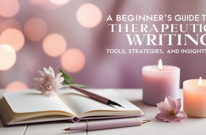 a dynamic page with items for a women like mindfulness journal, writing pen, flower on the table and candle. Bold overlay text "A Beginner's Guide to Therapeutic Writing: Tools, Strategies, and Insights". Use light femine colors.