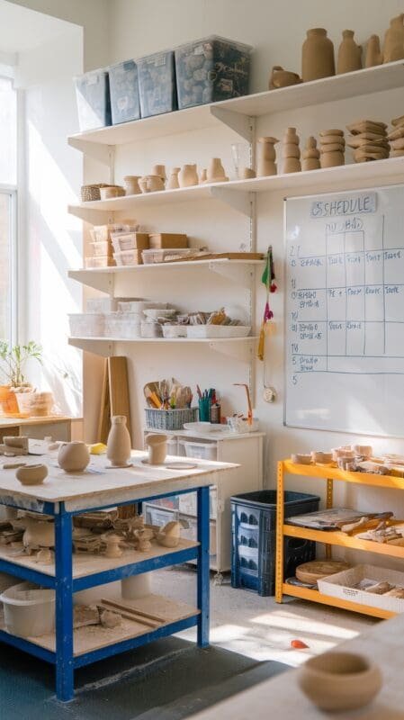 A bright ceramic studio with shelves organized with various materials and a whiteboard schedule.