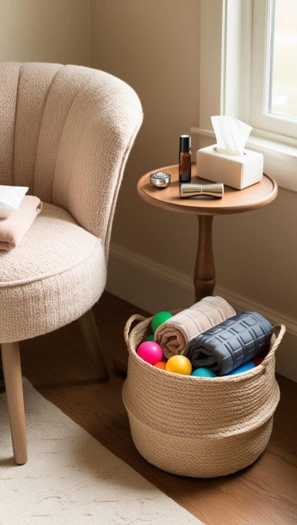 Small corner with weighted blanket, fidget tools and soft throw neatly arranged in a woven basket