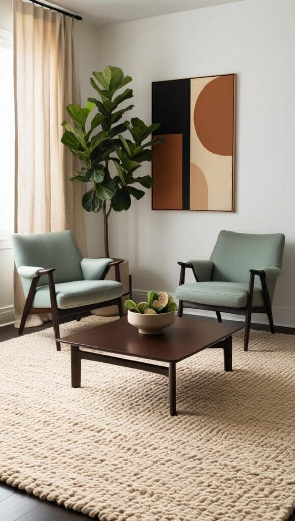 Layered jute and plush area rugs under seating area in a therapy room for added warmth
